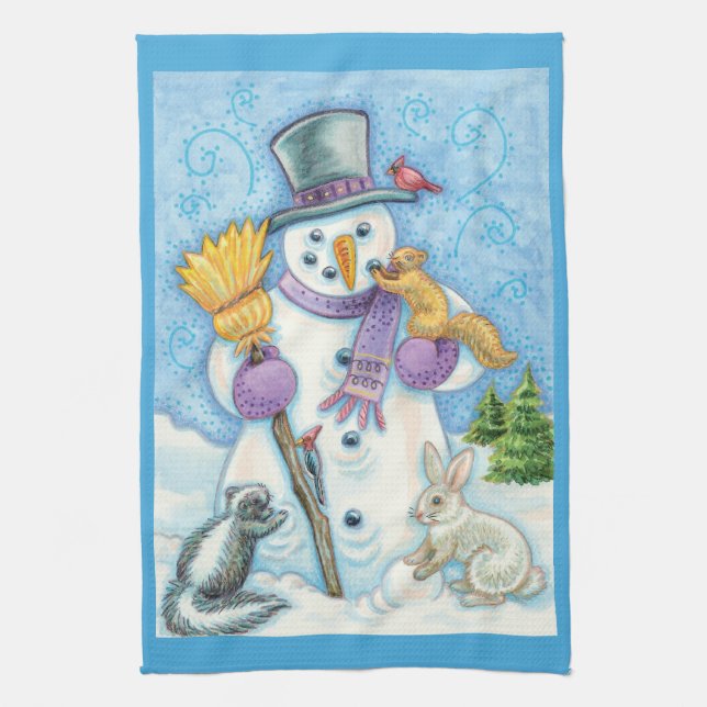 Cute Animals Building a Snowman for Christmas Tea Towel (Vertical)