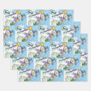 Cute Animals Building a Snowman for Christmas Wrapping Paper Sheet