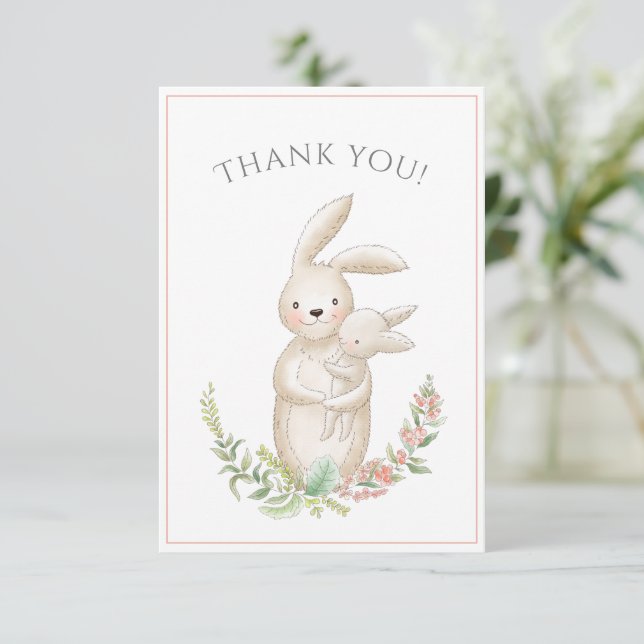 Cute Animals Bunny Pink Baby Shower Thank You Card (Standing Front)
