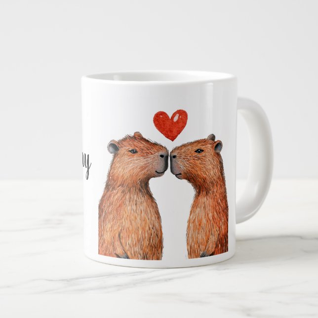 cute animals capybaras with hearts painted  large coffee mug (Front Right)
