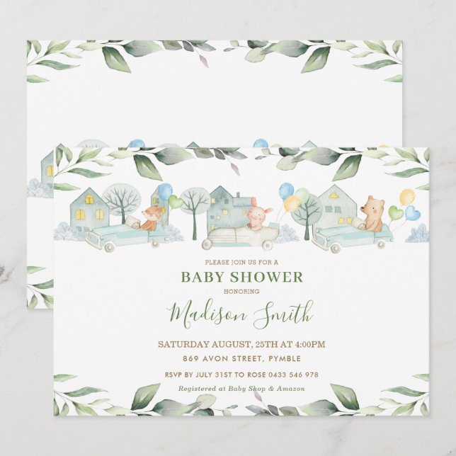 Cute Animals Cars Greenery Baby Shower Boy Invitation (Front/Back)
