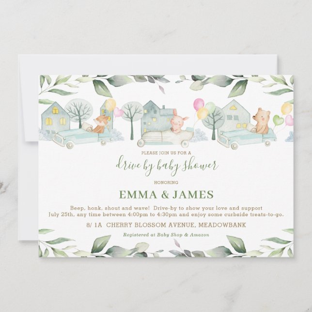 Cute Animals Cars Greenery Drive By Baby Shower Invitation (Front)