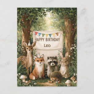 Cute Animals Celebrating Birthday with Name Banner Holiday Postcard