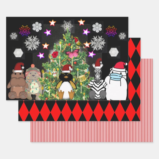 CUTE ANIMALS CHRISTMAS TREE CHRISTMAS WRAPPING WRAPPING PAPER SHEET (Set)