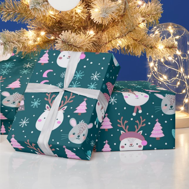 Cute Animals Christmas Trees Green Christmas Wrapping Paper (Holidays)