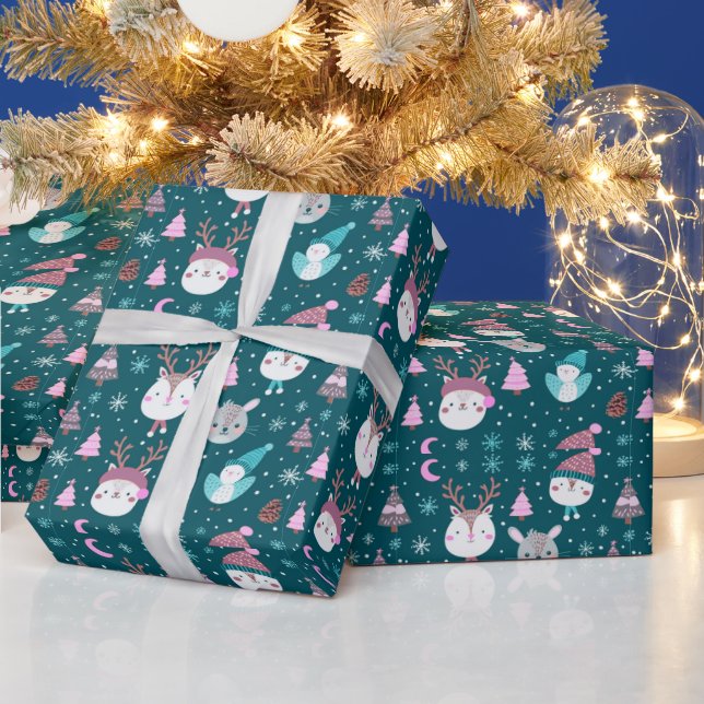 Cute Animals Christmas Trees Green Christmas Wrapping Paper (Holidays)