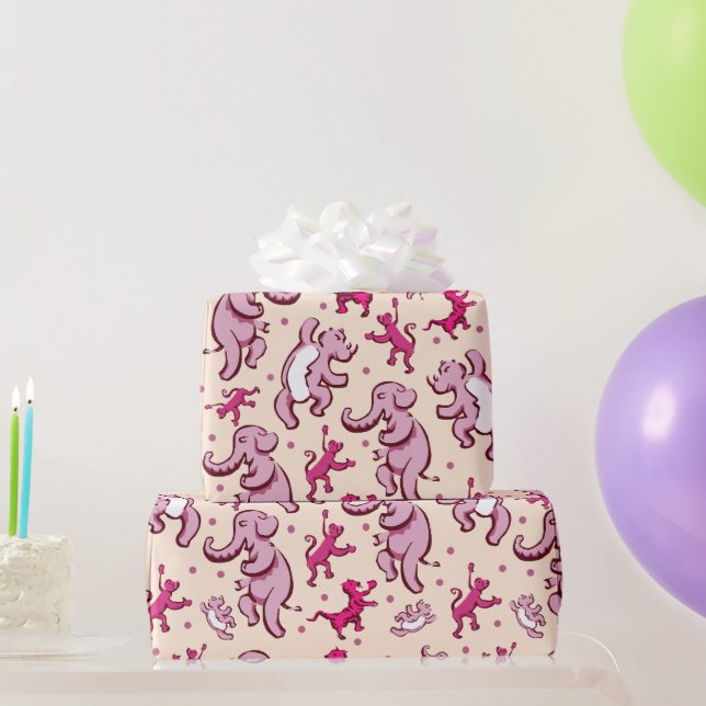 Cute Animals Dance Pink Pattern Wrapping Paper (Party Gifts)