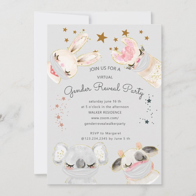 cute animals face mask virtual gender reveal party (Front)