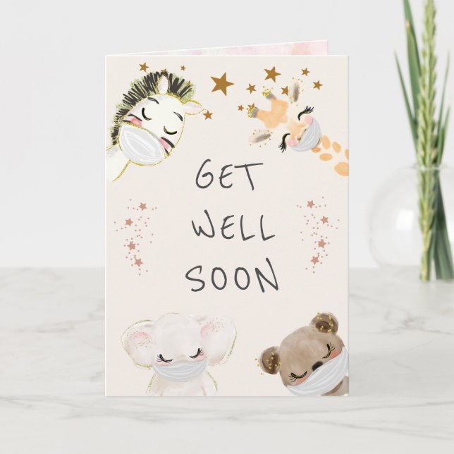cute animals face masks get well card (Front)
