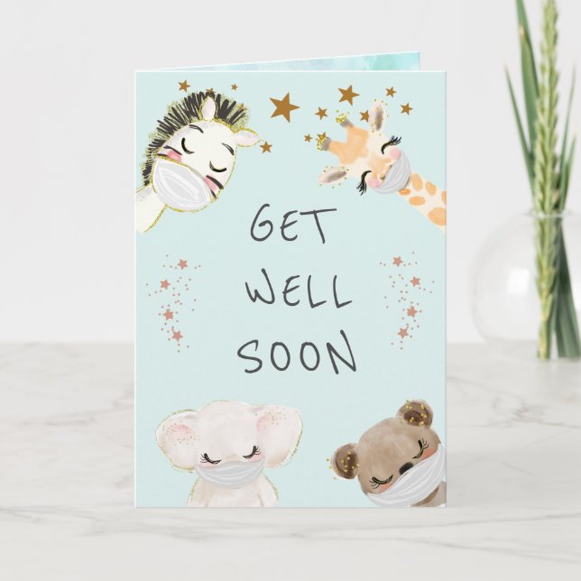 cute animals face masks get well card (Front)