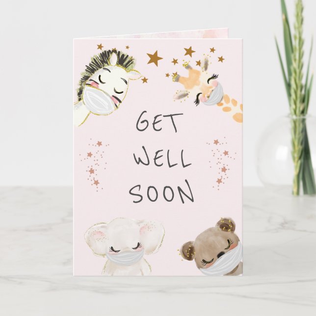 cute animals face masks get well card (Front)