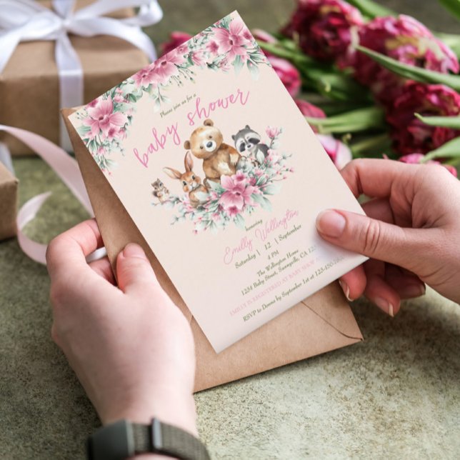Cute Animals Floral Peach Pink Girl Baby Shower Invitation (Creator Uploaded)