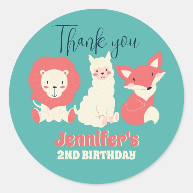 Cute Animals Fox Lion Alpaca Kids Birthday Party Classic Round Sticker (Front)