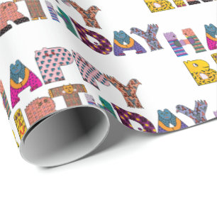 Cute Animals Fun Happy Birthday Script Multi Colou Wrapping Paper