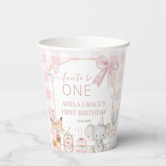 Cute Animals Fun To Be One 1st Birthday Pink Paper Cups (Back)