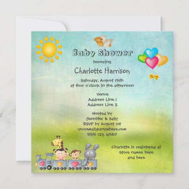 Cute Animals & Girl in Train Baby Shower Invitation (Front)