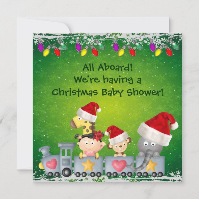 Cute Animals & Girl on Train Christmas Baby Shower Invitation (Front)