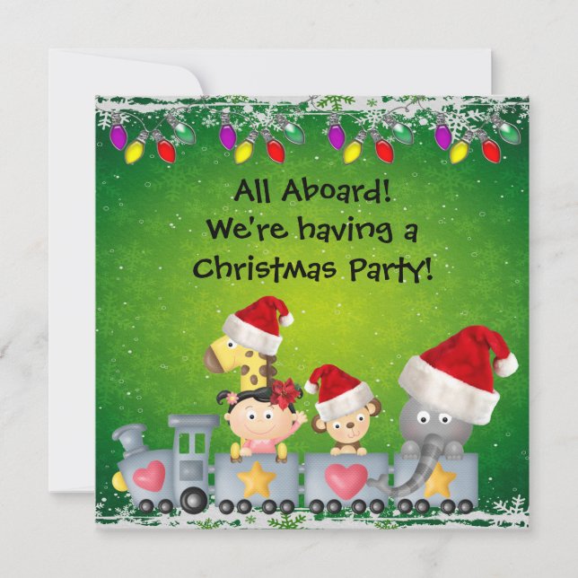 Cute Animals & Girl on Train ChristmasParty Invitation (Front)