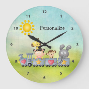 Cute Animals & Girl on Train Large Clock