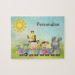 Cute Animals & Girl on Train Puzzle<br><div class="desc">Cute child's puzzle with an adorable whimsical cartoon vector illustration of a cute giraffe,  monkey,  elephant and a little girl on a pretty train with hearts and stars on a green grass and blue sky summer background with a pretty yellow sun.  Kids will love these happy fun animals!</div>