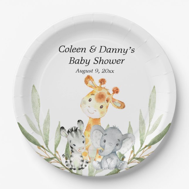 Cute animals greenery gender neutral watercolor paper plate (Front)