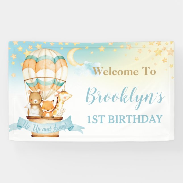 Cute Animals Hot Air Balloon Birthday Backdrop  Ba Banner (Horizontal)