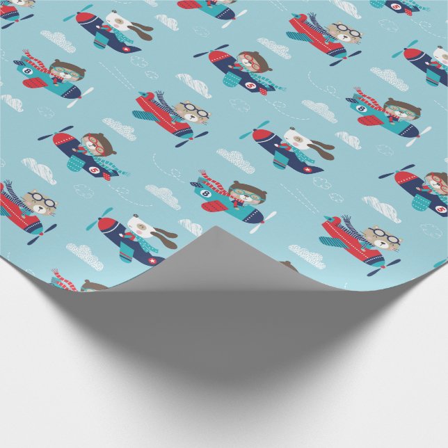 Cute animals in aeroplanes on blue Wrapping Paper (Corner)