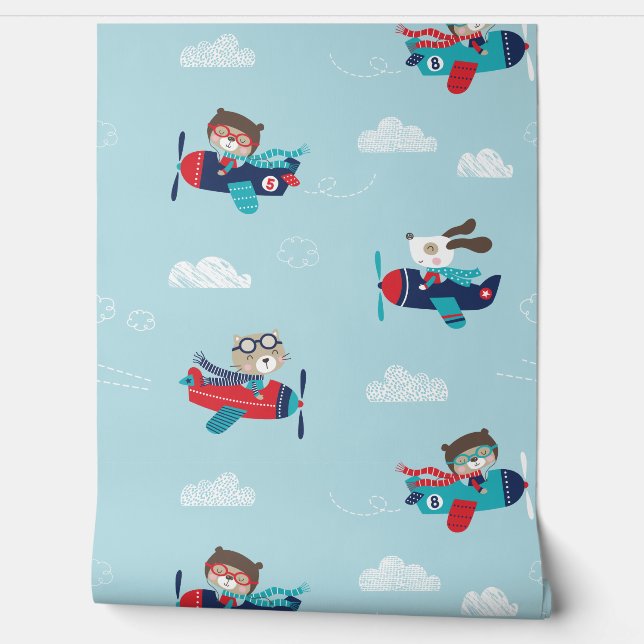 Cute animals in aeroplanes with clouds on blue wallpaper (Unrolling)