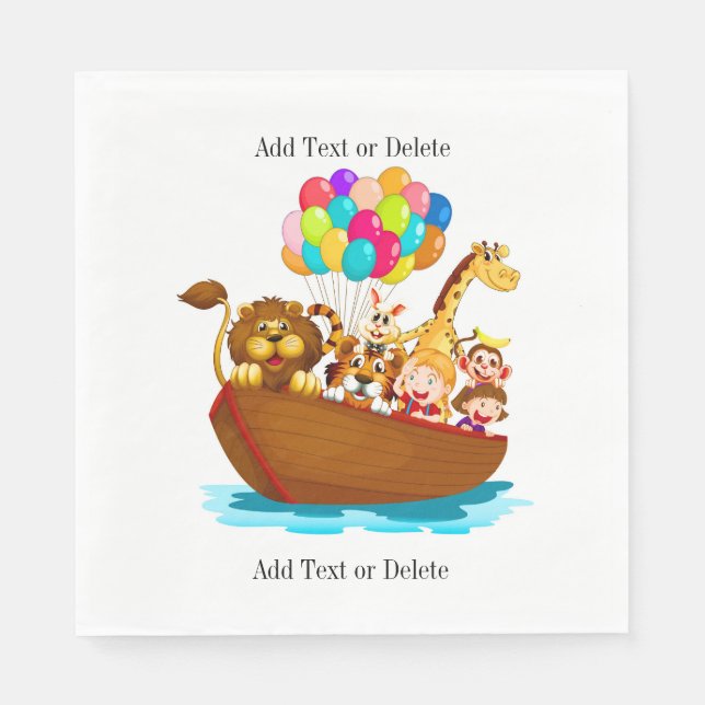 Cute Animals in Boat with Balloons Napkin (Front)
