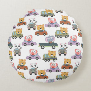 Cute Animals In Cars Pattern Round Cushion