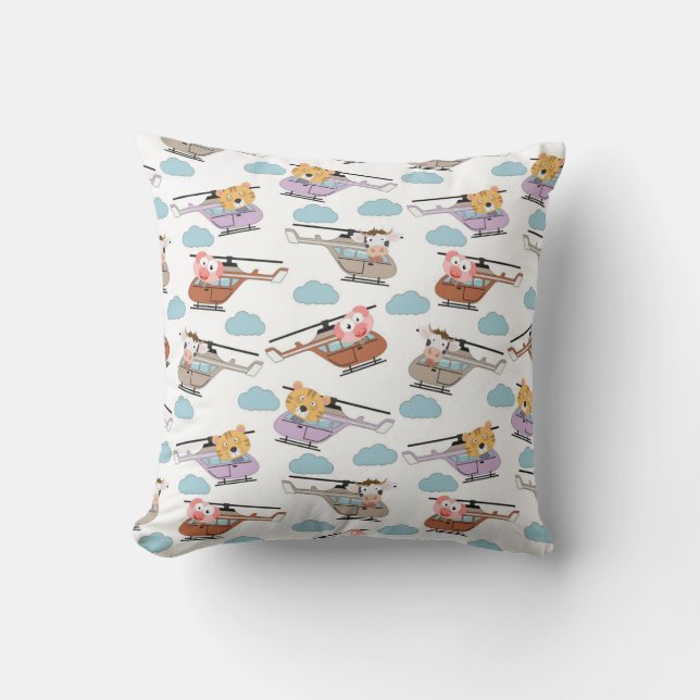 Cute Animals In Helicopter Pattern Cushion (Front)