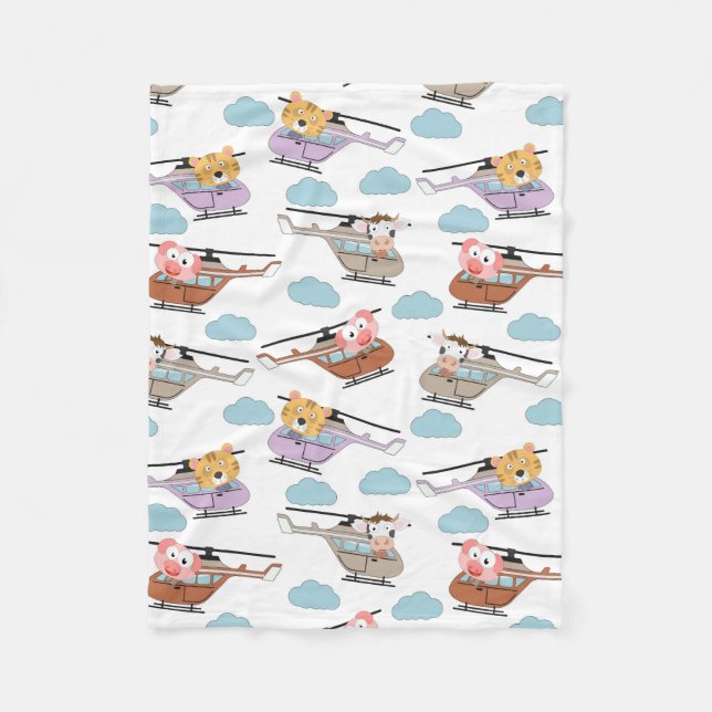 Cute Animals In Helicopter Pattern Fleece Blanket (Front)