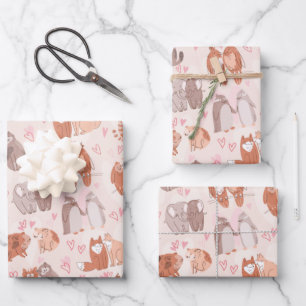 Cute Animals in Love Pattern Wrapping Paper Sheet