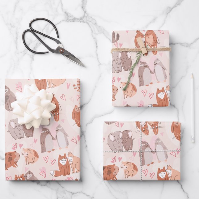 Cute Animals in Love Pattern Wrapping Paper Sheet (Front)