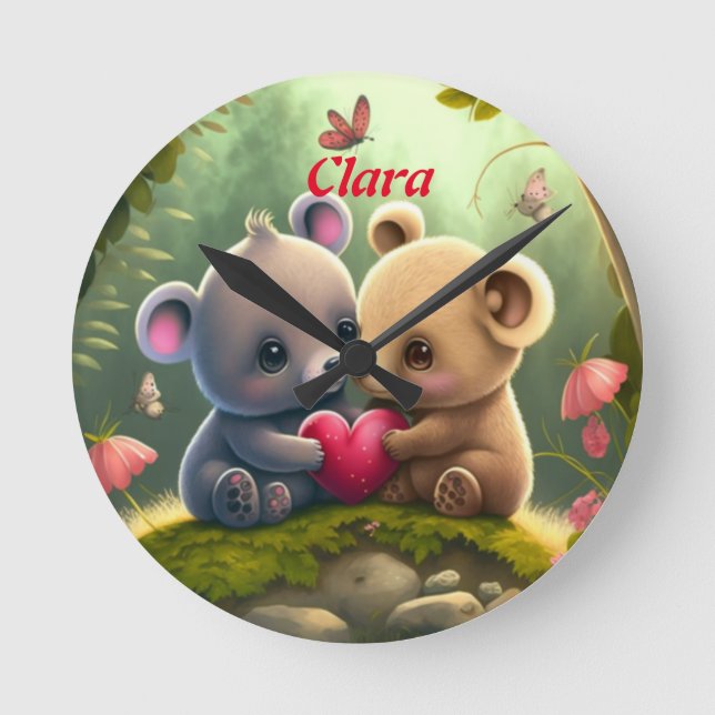 Cute animals in love round clock (Front)