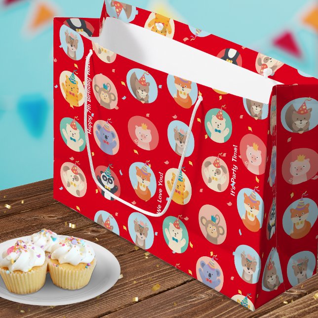 Cute Animals in Party Hats Kids Red Happy Birthday Large Gift Bag (Creator Uploaded)