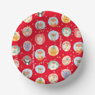 Cute Animals in Party Hats Kids Red Happy Birthday Paper Plate