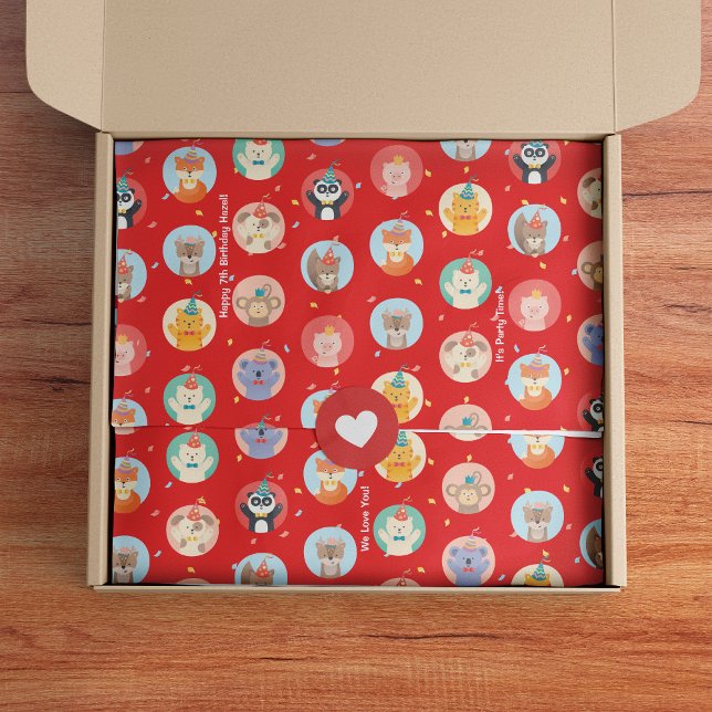 Cute Animals in Party Hats Kids Red Happy Birthday Tissue Paper (Creator Uploaded)