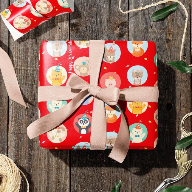 Cute Animals in Party Hats Kids Red Happy Birthday Wrapping Paper (Creator Uploaded)
