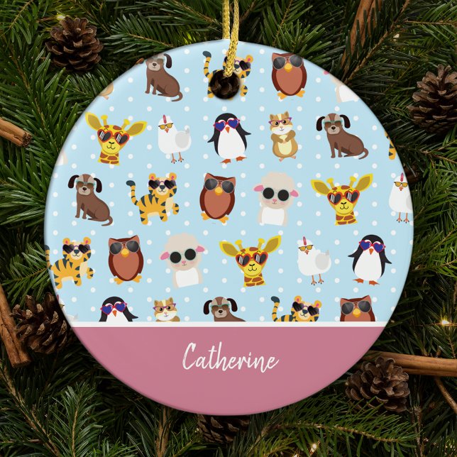 Cute Animals in Sunglasses with Name Christmas Ceramic Tree Decoration (Creator Uploaded)