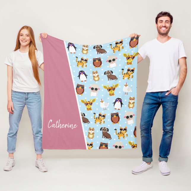 Cute Animals in Sunglasses with Name Fleece Blanket (In Situ)