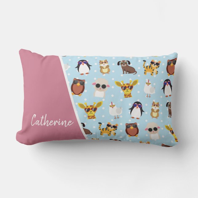 Cute Animals in Sunglasses with Name Lumbar Cushion (Front)