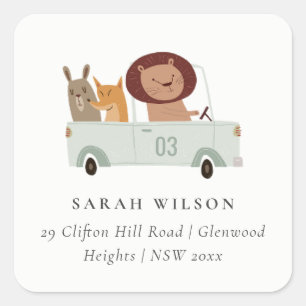 Cute Animals In the Car City Road Kids Address Square Sticker