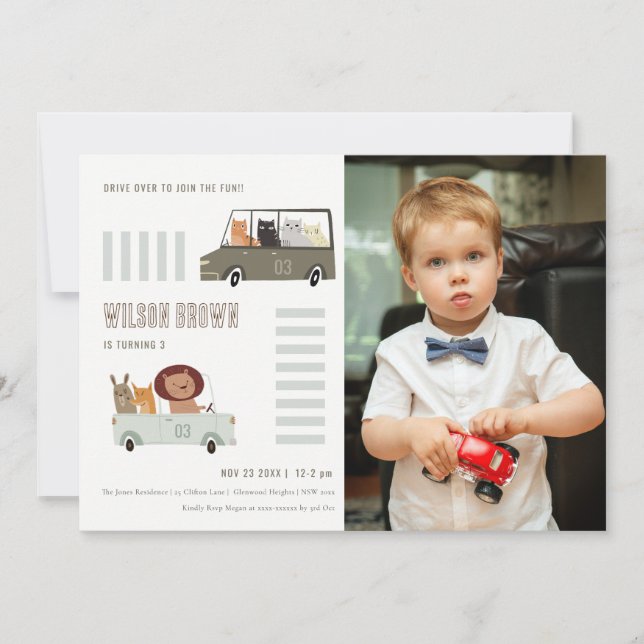 Cute Animals In the Car Roads Photo Kids Birthday Invitation (Front)