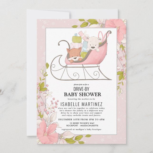 Cute Animals in Winter Sleigh Drive-By Baby Shower Invitation (Front)