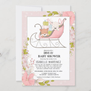 Cute Animals in Winter Sleigh Drive-By Baby Shower Invitation