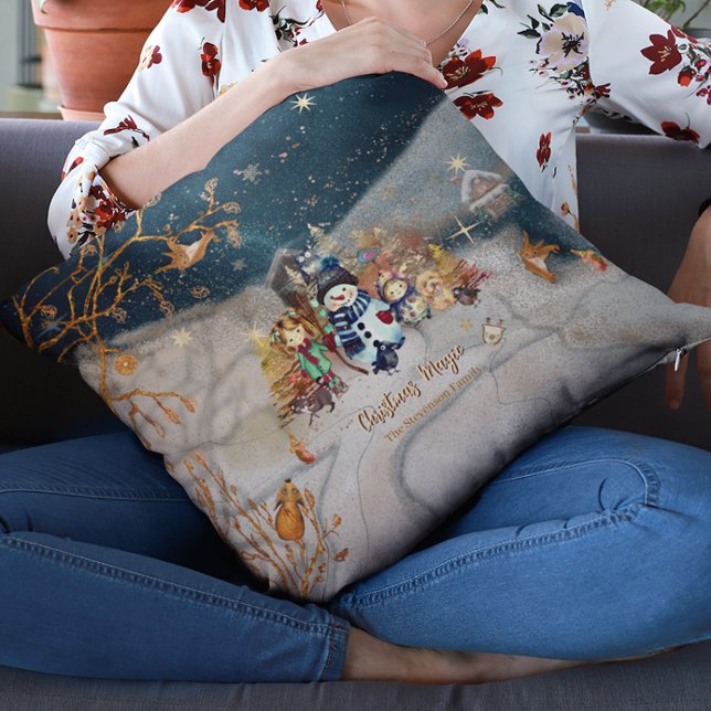 Cute Animals, Kids Christmas blue Cushion (Cute Animals, Kids Christmas blue Throw Pillow)