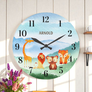 Cute Animals Kids Nursery Green Blue Forest Large Clock