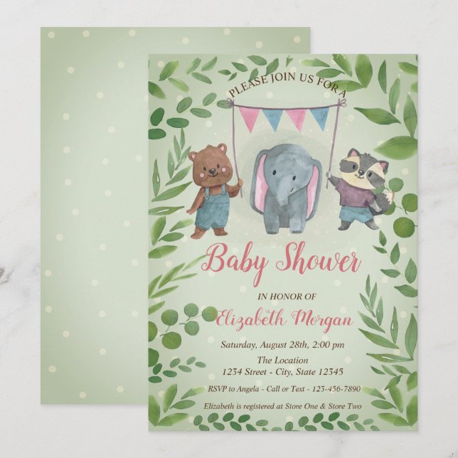 Cute Animals,Leaves, Blue Dots Baby Shower Invitation (Front/Back)