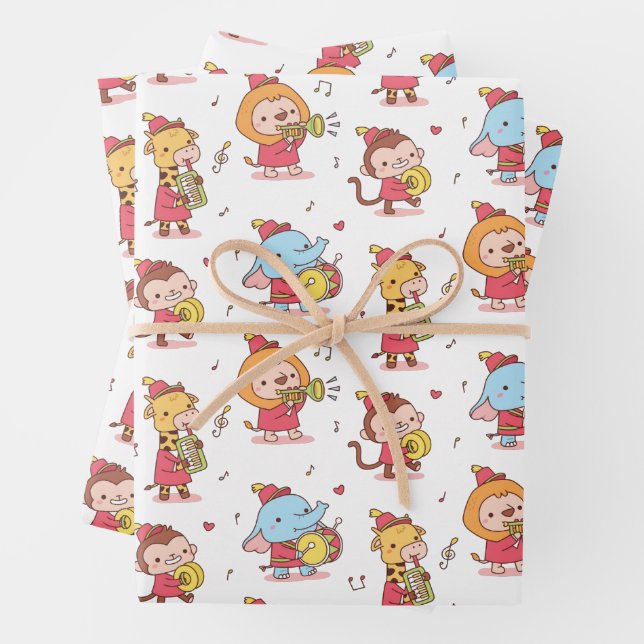 Cute Animals Marching Musical Band Kids Birthday Wrapping Paper Sheet (In situ)